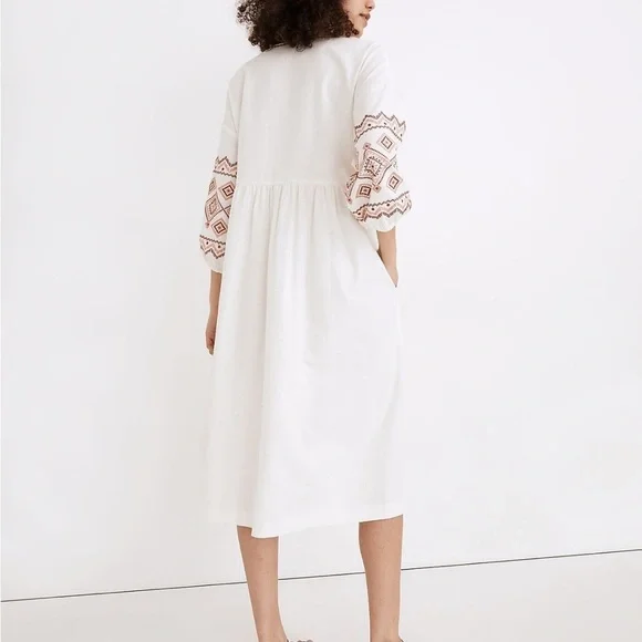 Madewell Linen Embroidered-Sleeve Popover Midi Dress Madewell Linen Embroidered-Sleeve Popover Midi Dress